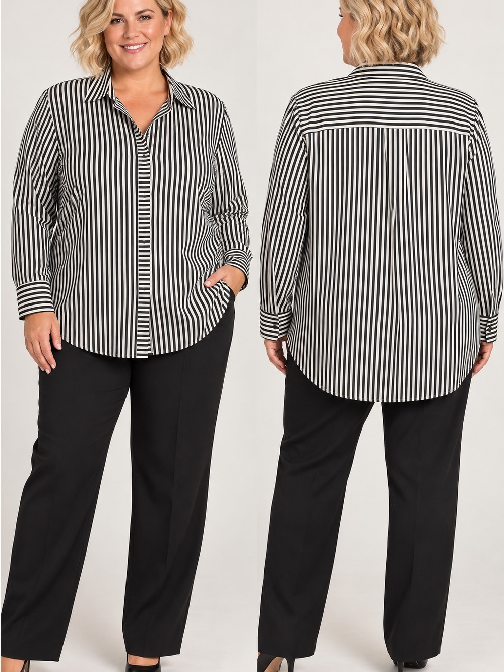 Chico's Black & White Vertical Stripe Button-Down Shirt